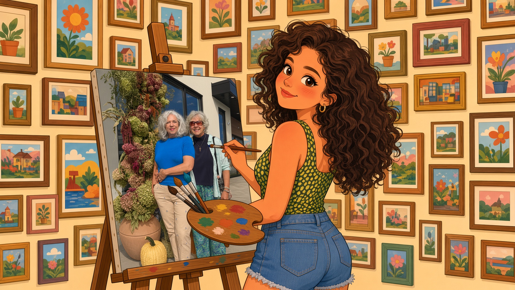 Hope painting on a large canvas, seen from a three-quarter rear view, with framed pictures on the wall.
